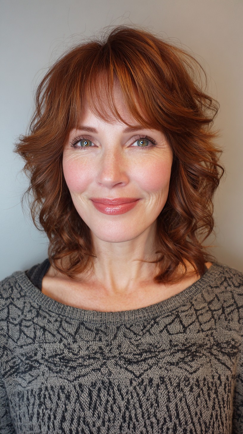 Vibrant Copper Layered Waves with Soft Bangs