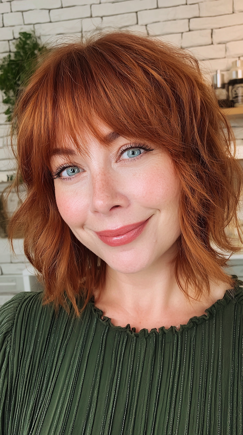 Vibrant Textured Shaggy Bob with Playful Bangs