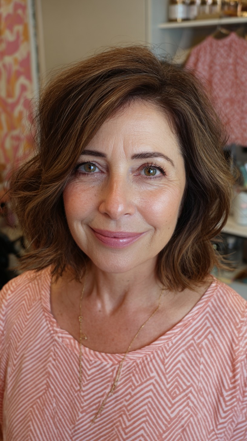 Curled Caramel Shoulder-Length Bob with Volume Boost