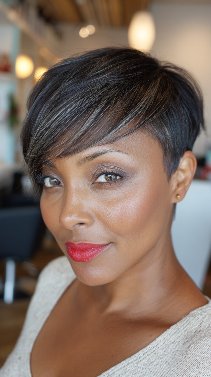 Dynamic Silver-Gray Pixie with Side-Swept Bangs