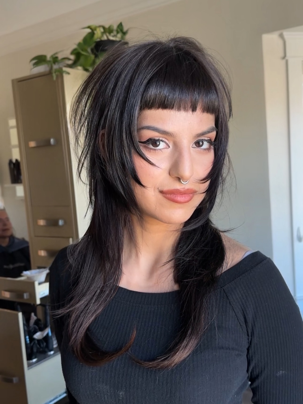 Edgy Chestnut Brown Bob with Full Bangs