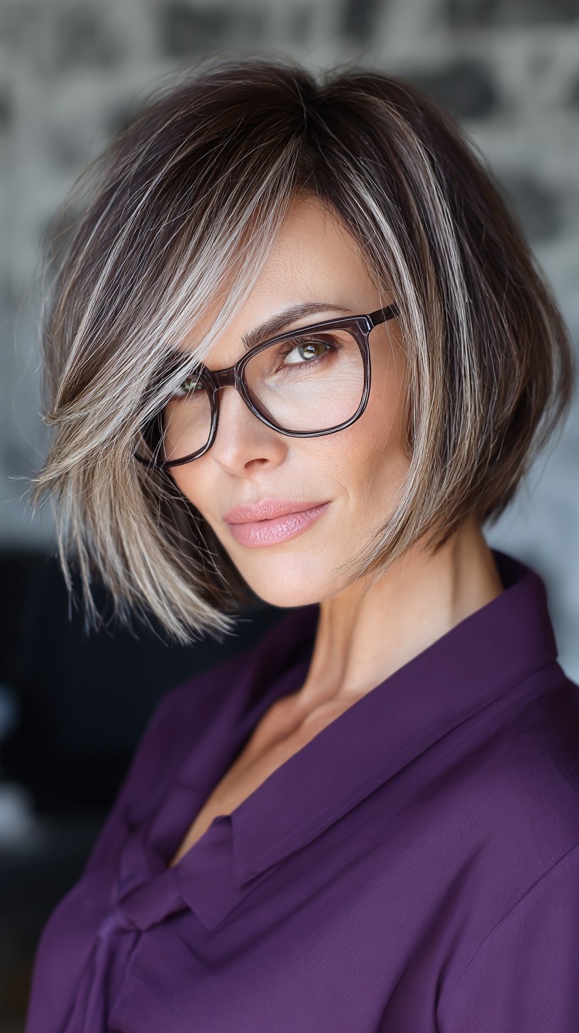 Elegant Silver Layered Bob with Angular Fringe