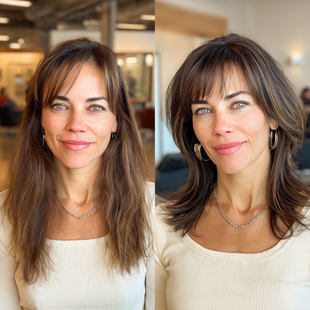 Flowing Chocolate Layers with Face-Framing Bangs