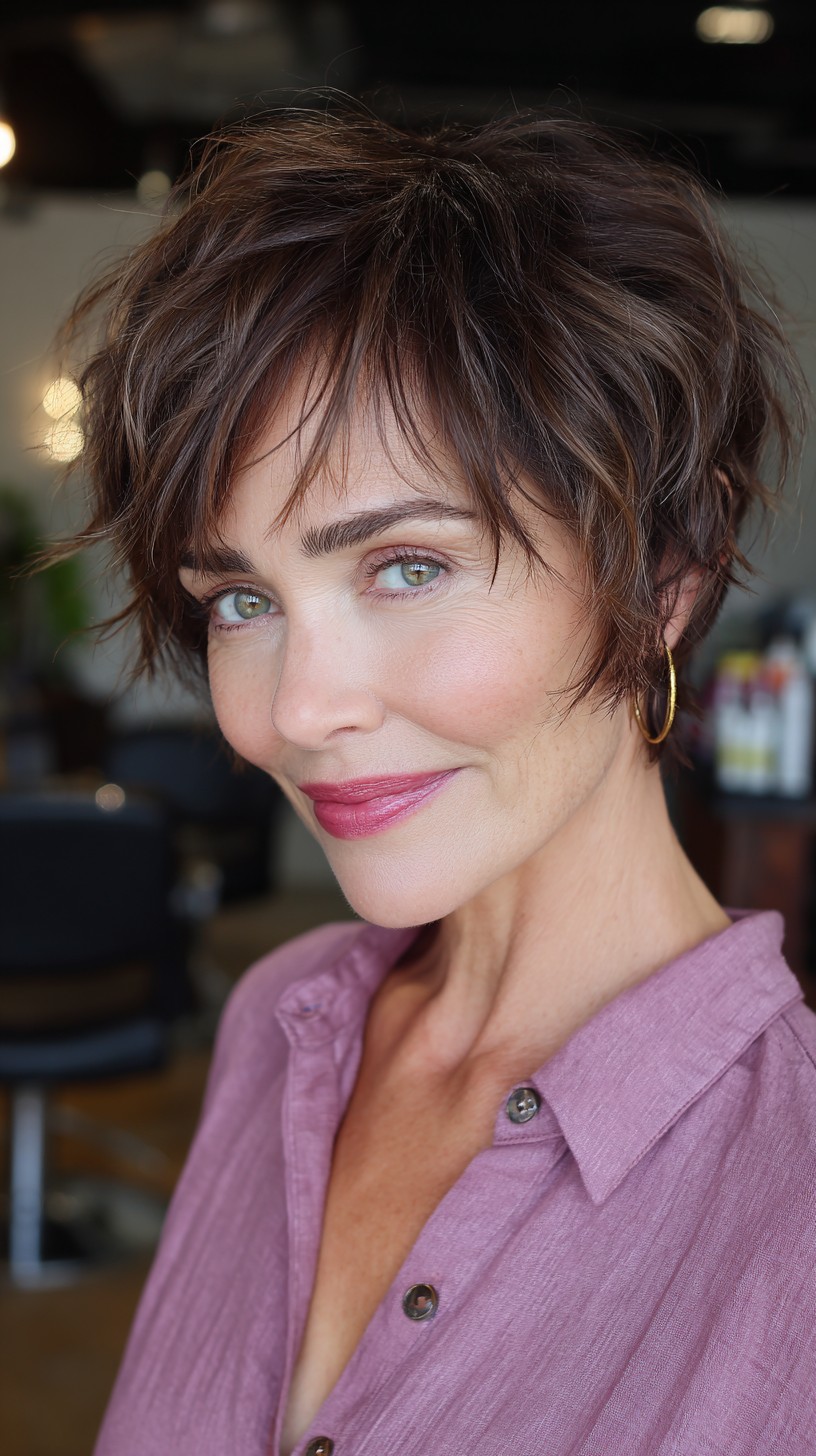 Mocha Brown Tousled Pixie with Subtle Highlights