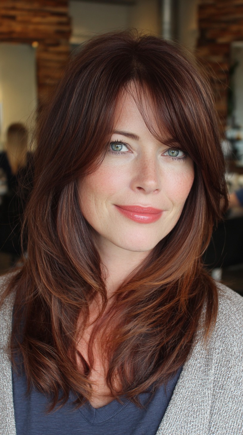 Rich Auburn Cascade with Subtle Bangs
