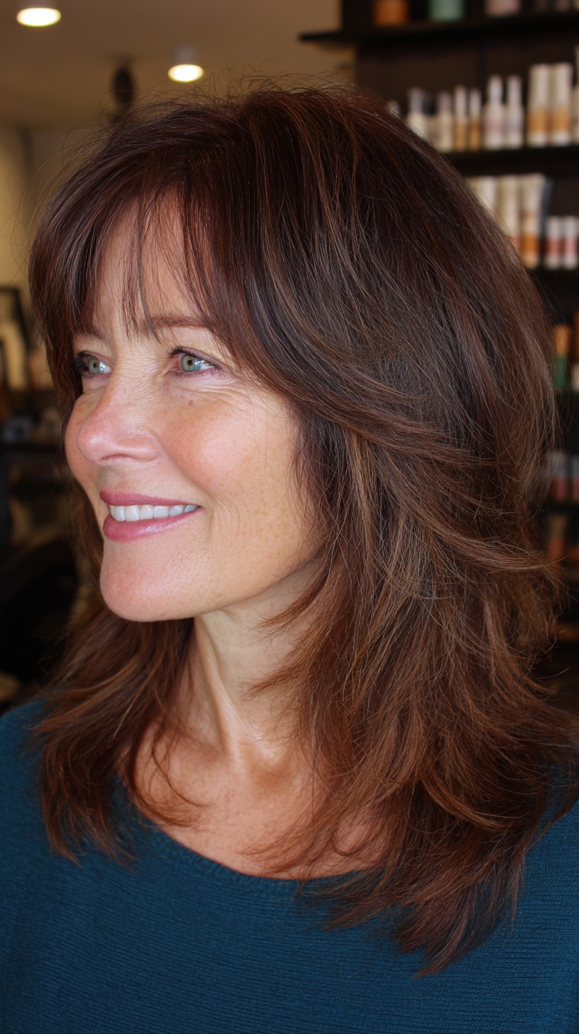 Sleek Chestnut Layers with Soft Wispy Bangs