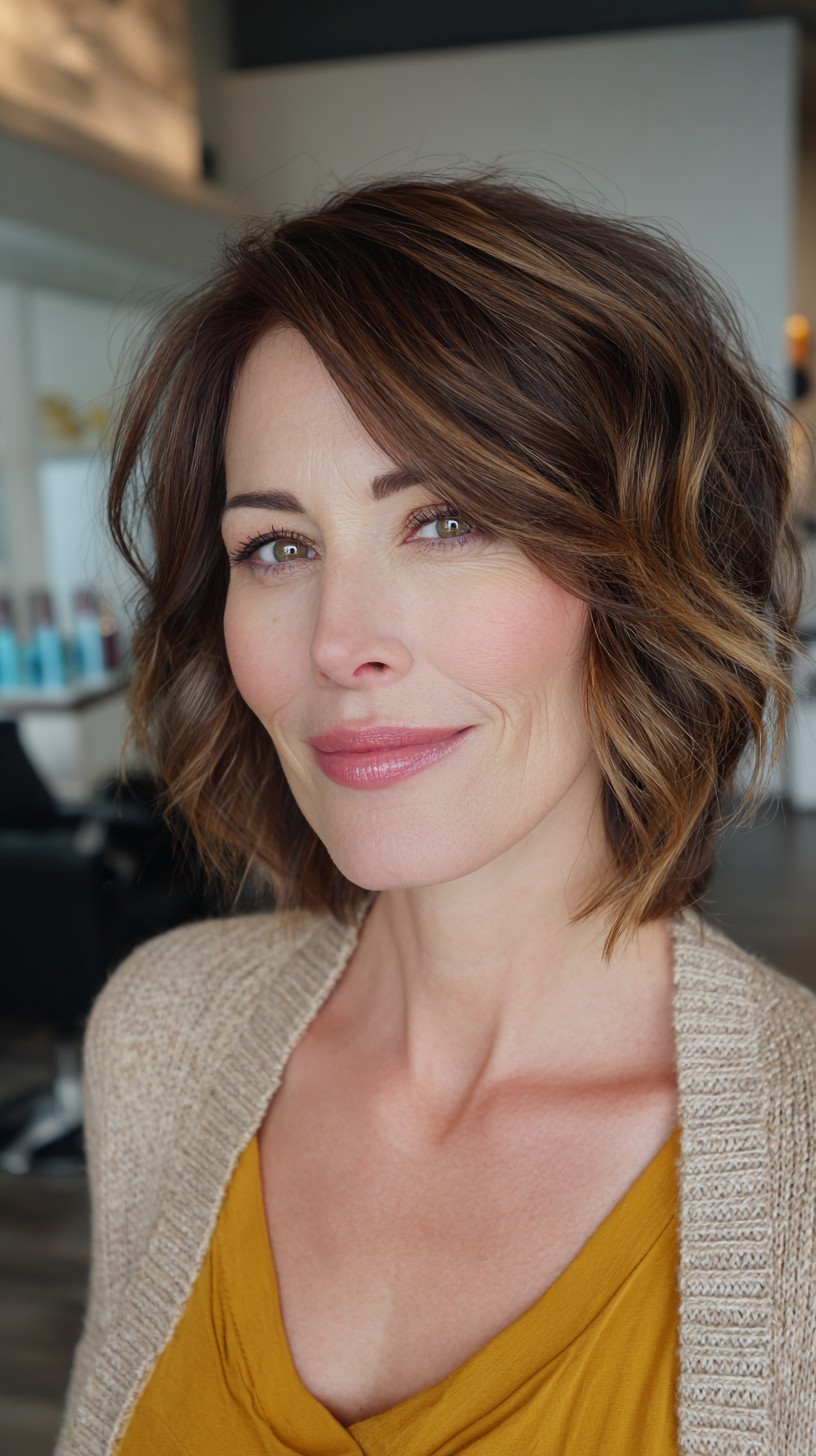 Tousled Chestnut Waves with Light Balayage