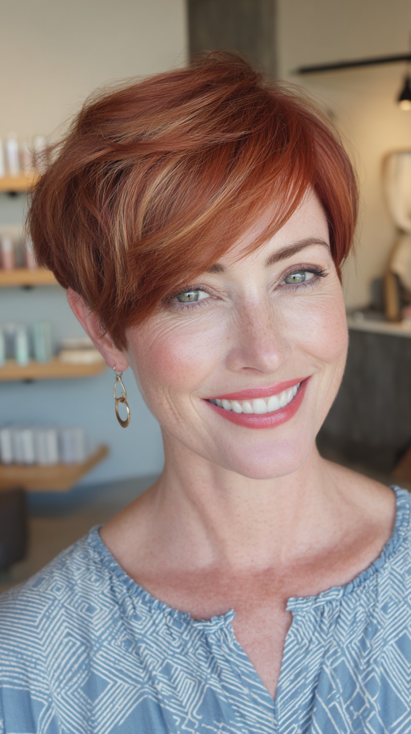Vibrant Auburn Stacked Pixie with Side Sweep