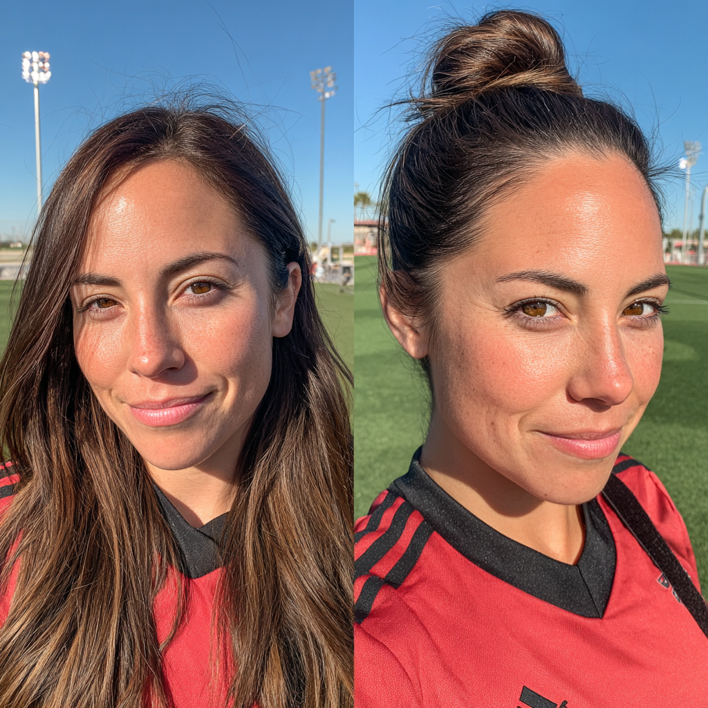 chic sporty high bun with face framing layers