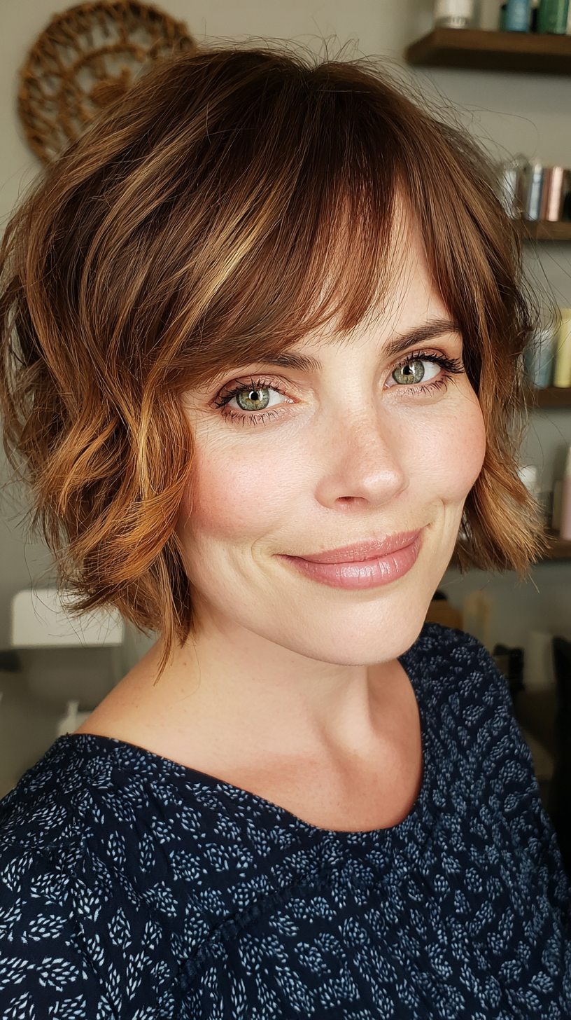 Chic Textured Messy Bob with Caramel Highlights
