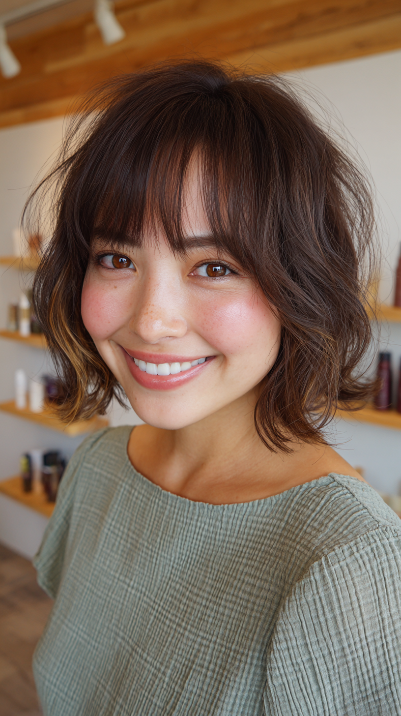 Chic Textured Messy French Bob with Soft Wispy Bangs