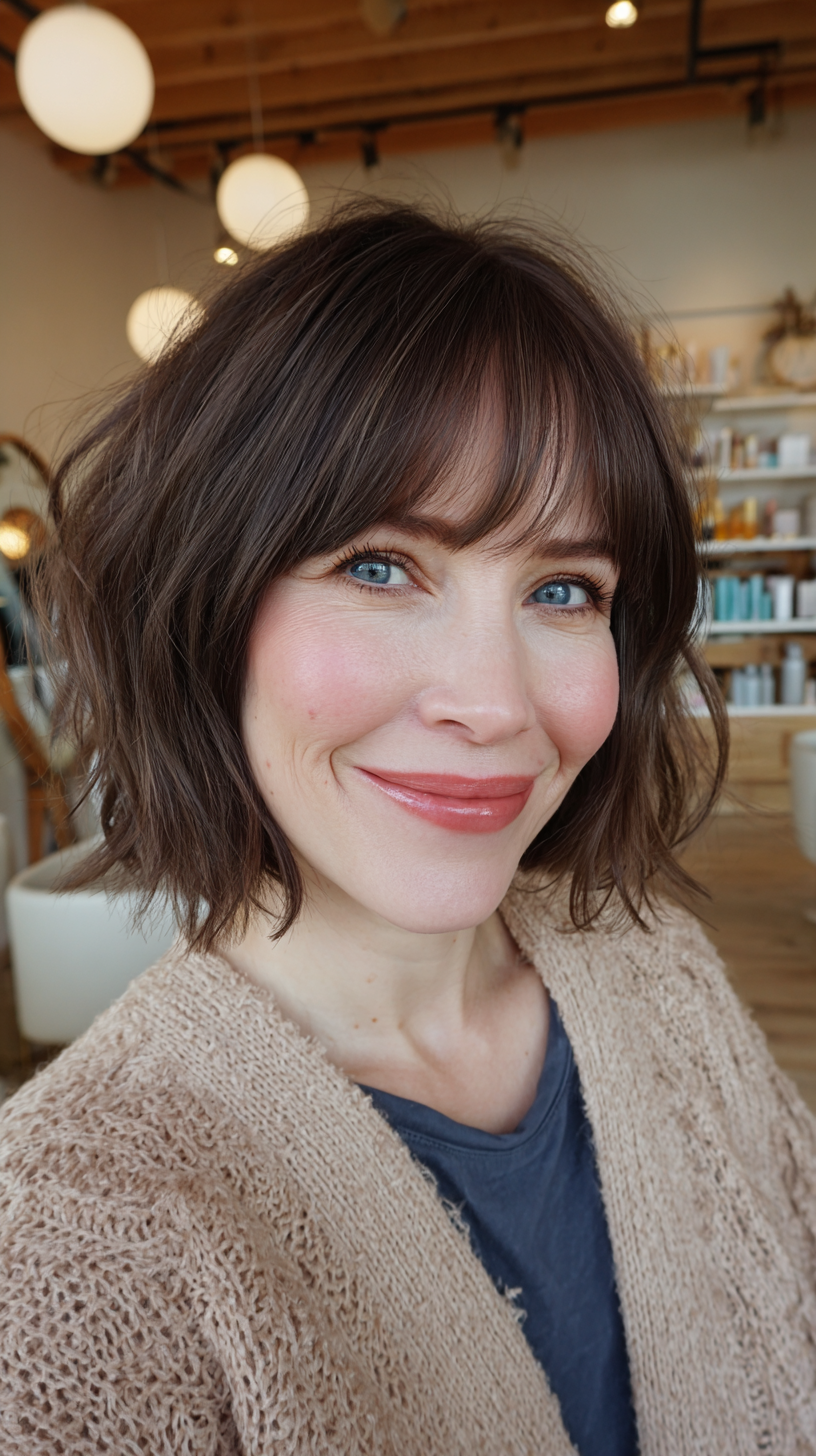 Whimsical Textured Messy Bob with Flirty Bangs