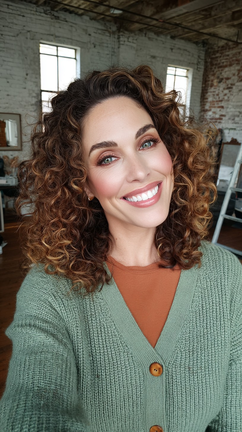 Bouncy Caramel Ringlets with Volumized Texture