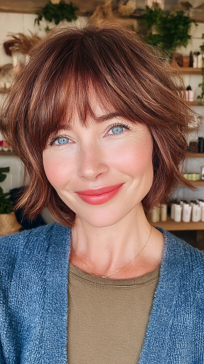 Brunette Textured Bob with Wispy Bangs