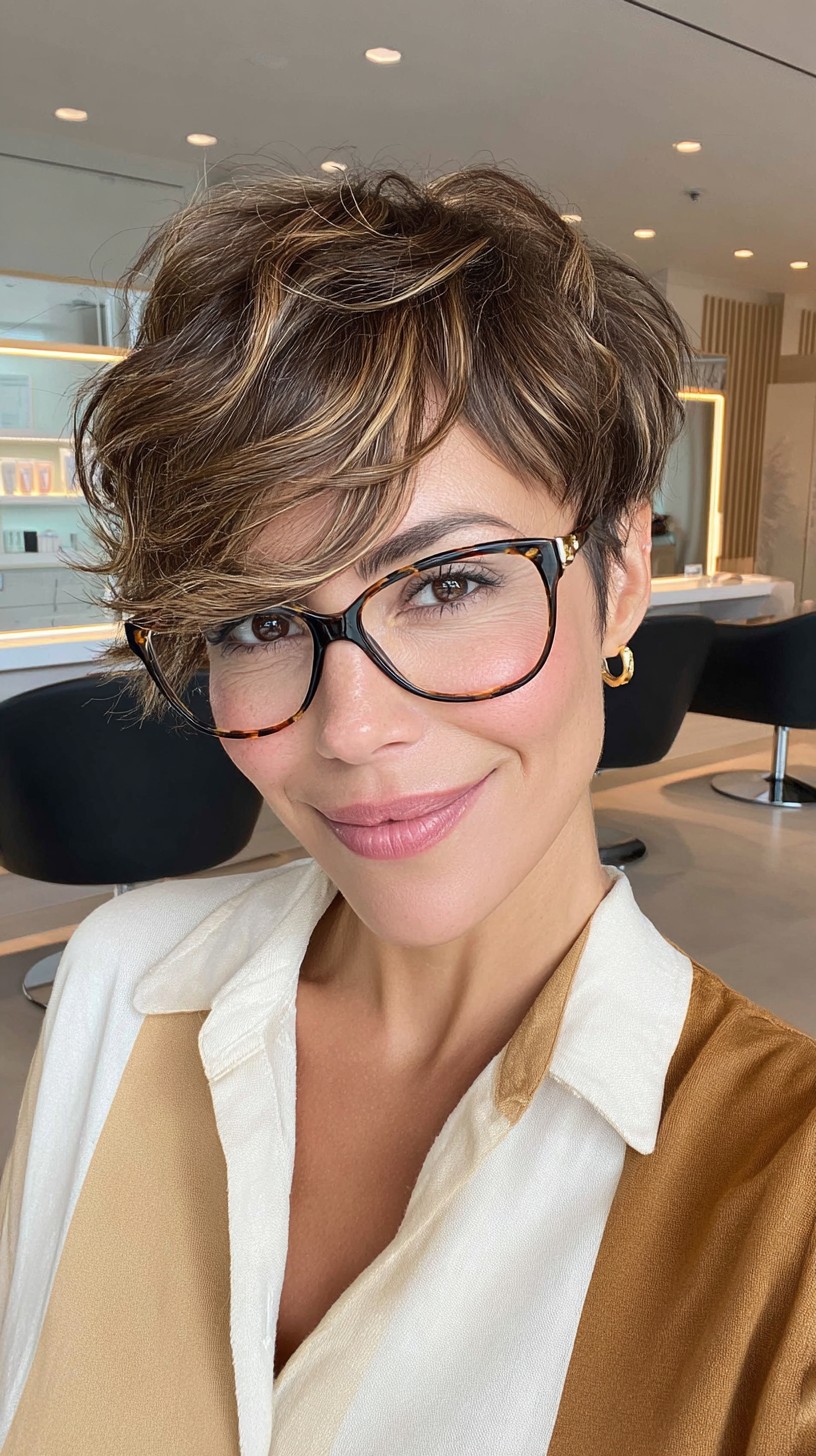 Brunette Textured Pixie with Caramel Highlights