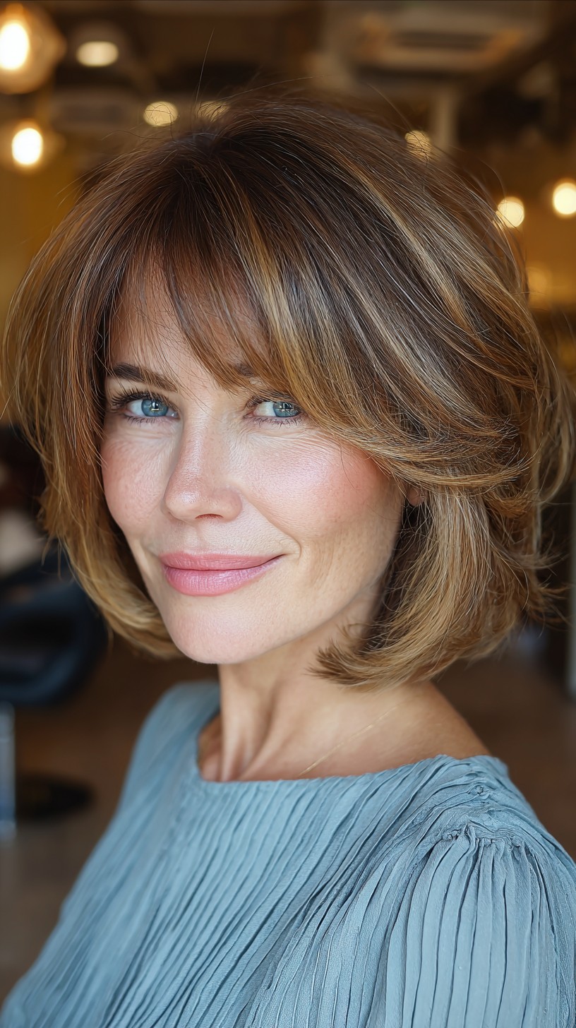 Golden-Brown Feathered Bob with Soft Bangs