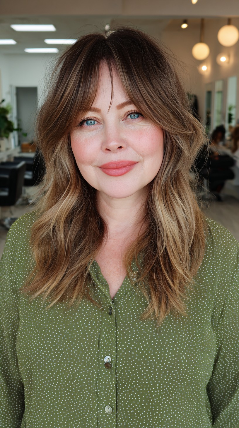 Sunkissed Chestnut Waves with Soft Bangs