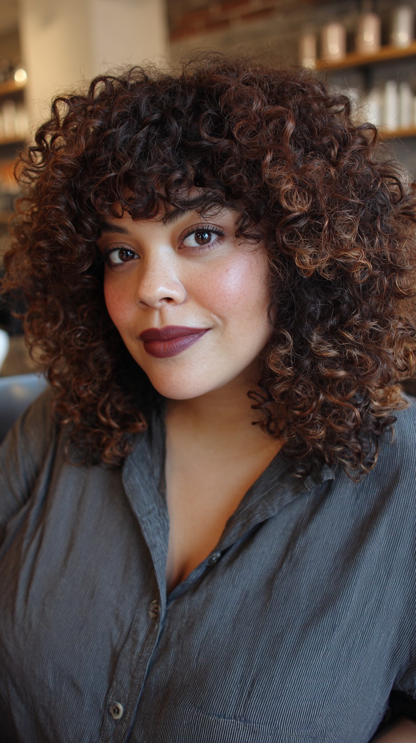Auburn Curls with Voluminous Rounded Bangs