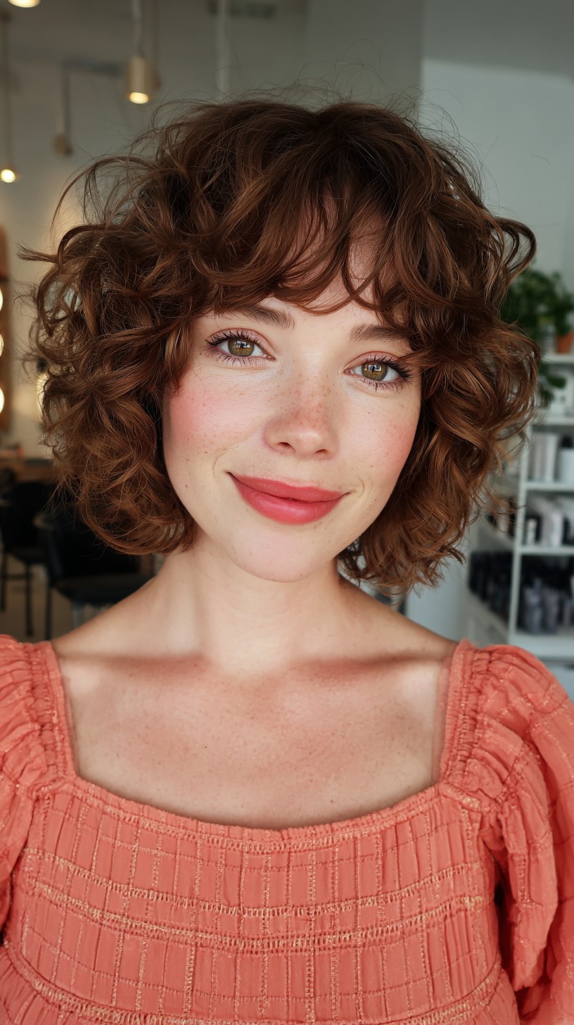 Bouncy Caramel Curly Bob with Soft Fringe