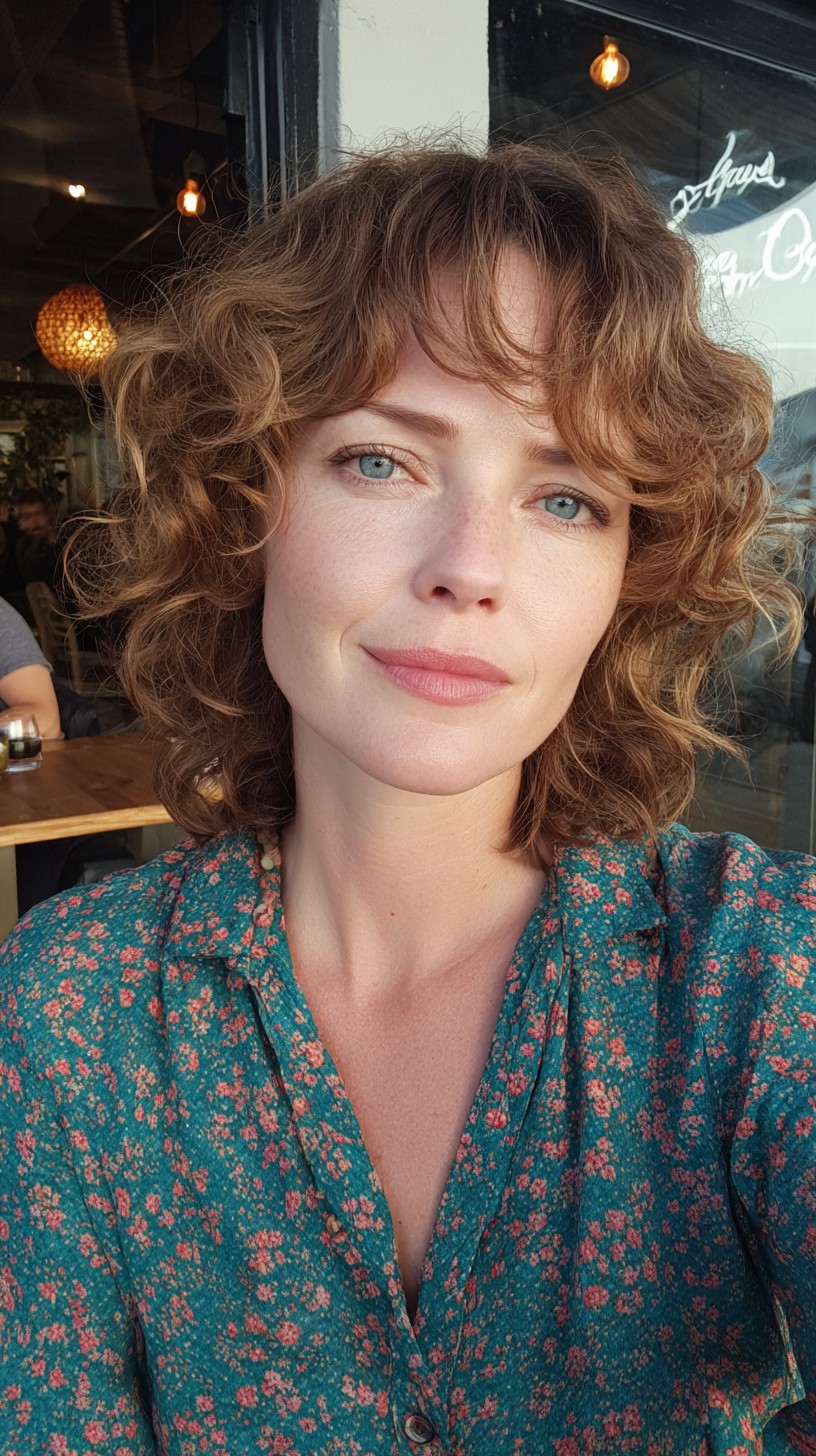 Breezy Chestnut Curls with Soft Fringe