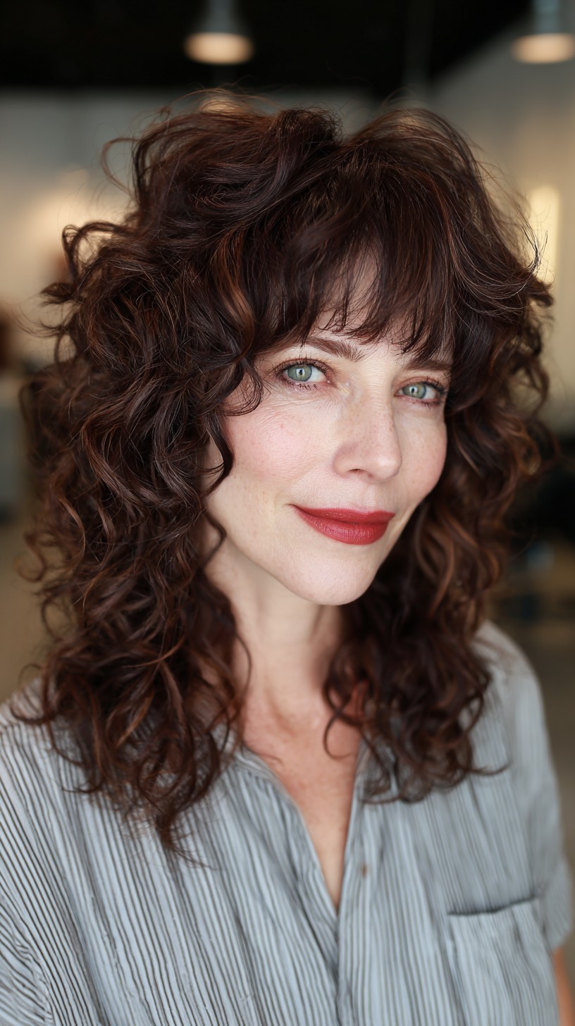 Chestnut Tousled Curly Bob with Fringe