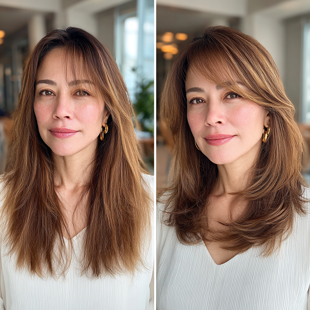 Chic Long Layered Cut with Soft Face-Framing Bangs