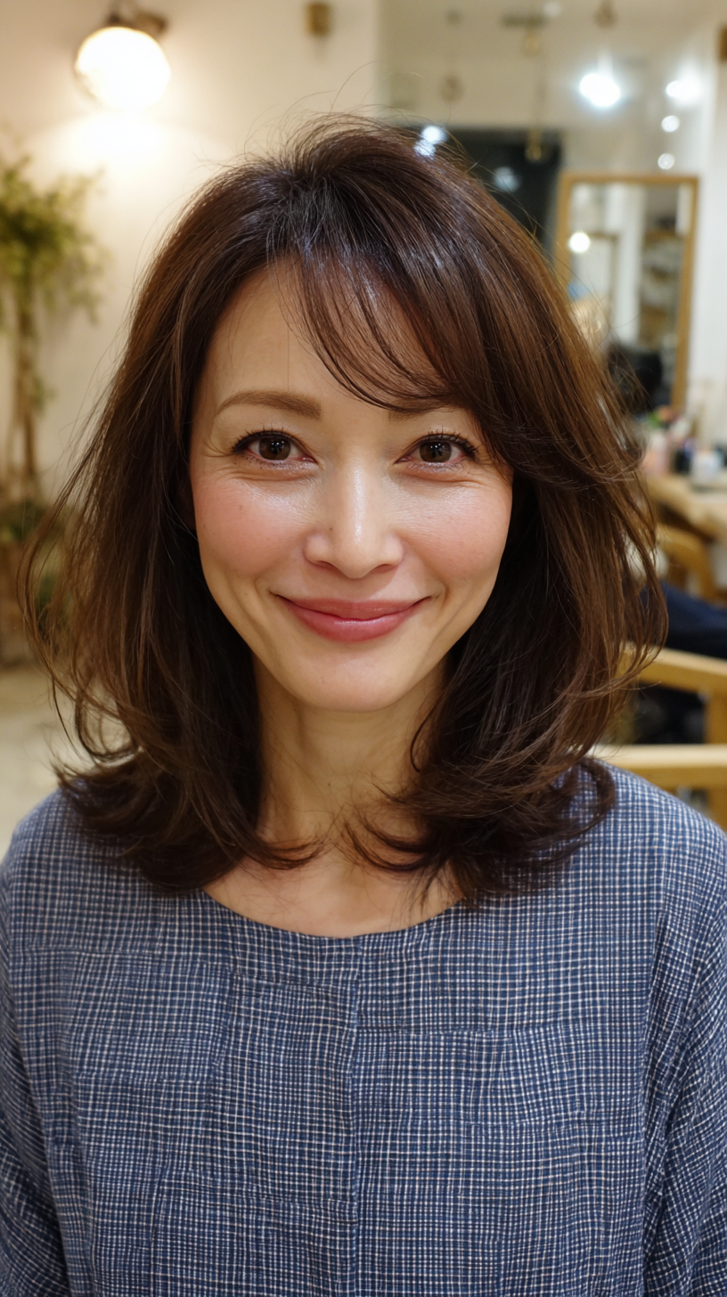 Chic Textured Medium-Length Cut with Soft Bangs