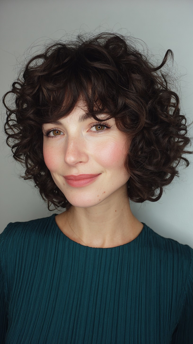 Chocolate Brunette Spiral Curls with Wispy Bangs