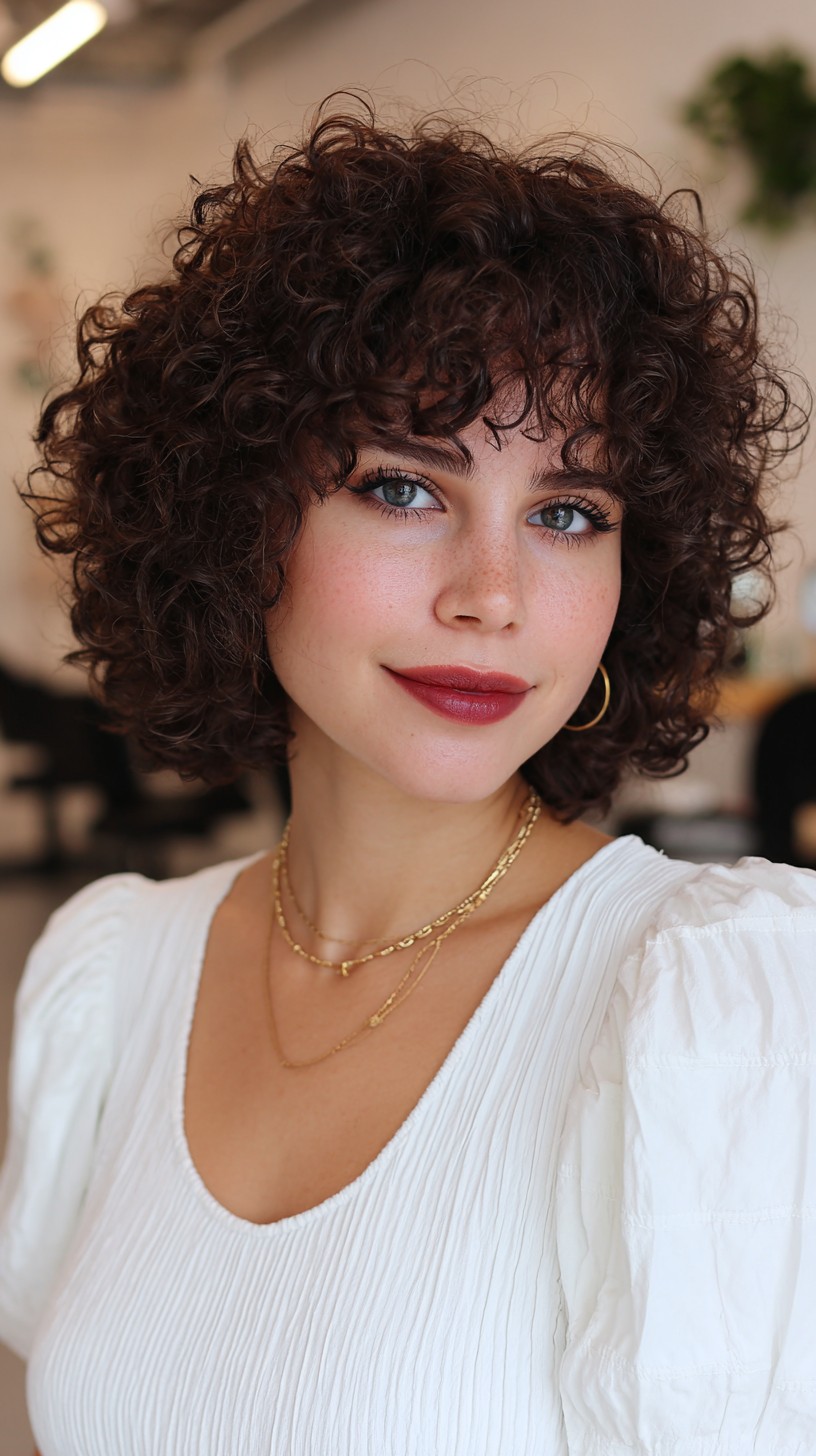 Curly Brunette Bob with Textured Fringe