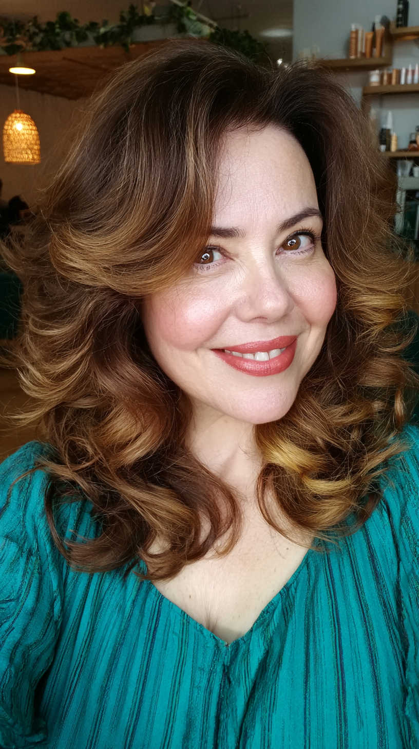 Dynamic Medium Length Layered Curls with Warm Highlights