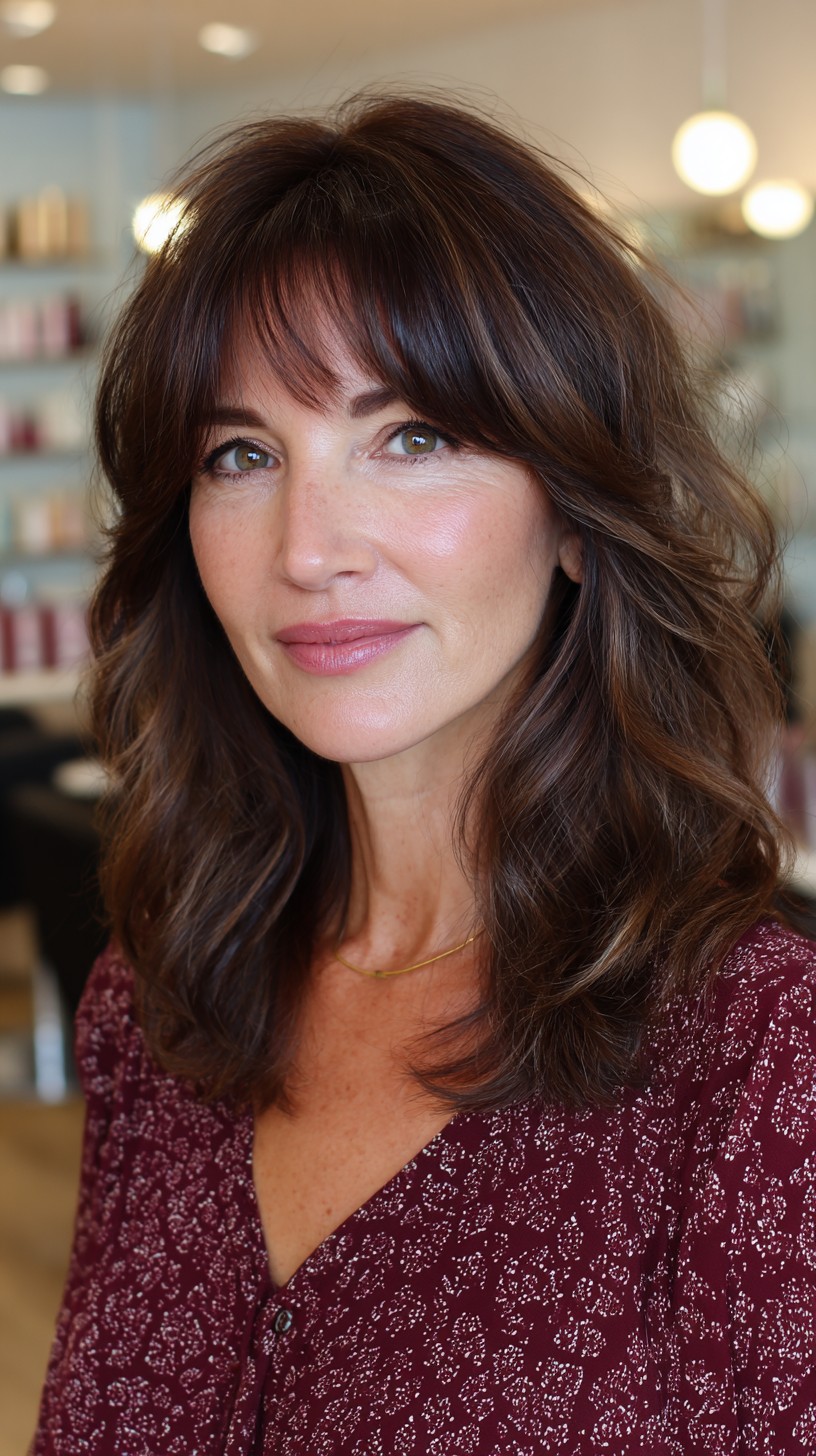 Effortless Brunette Waves with Soft Bangs