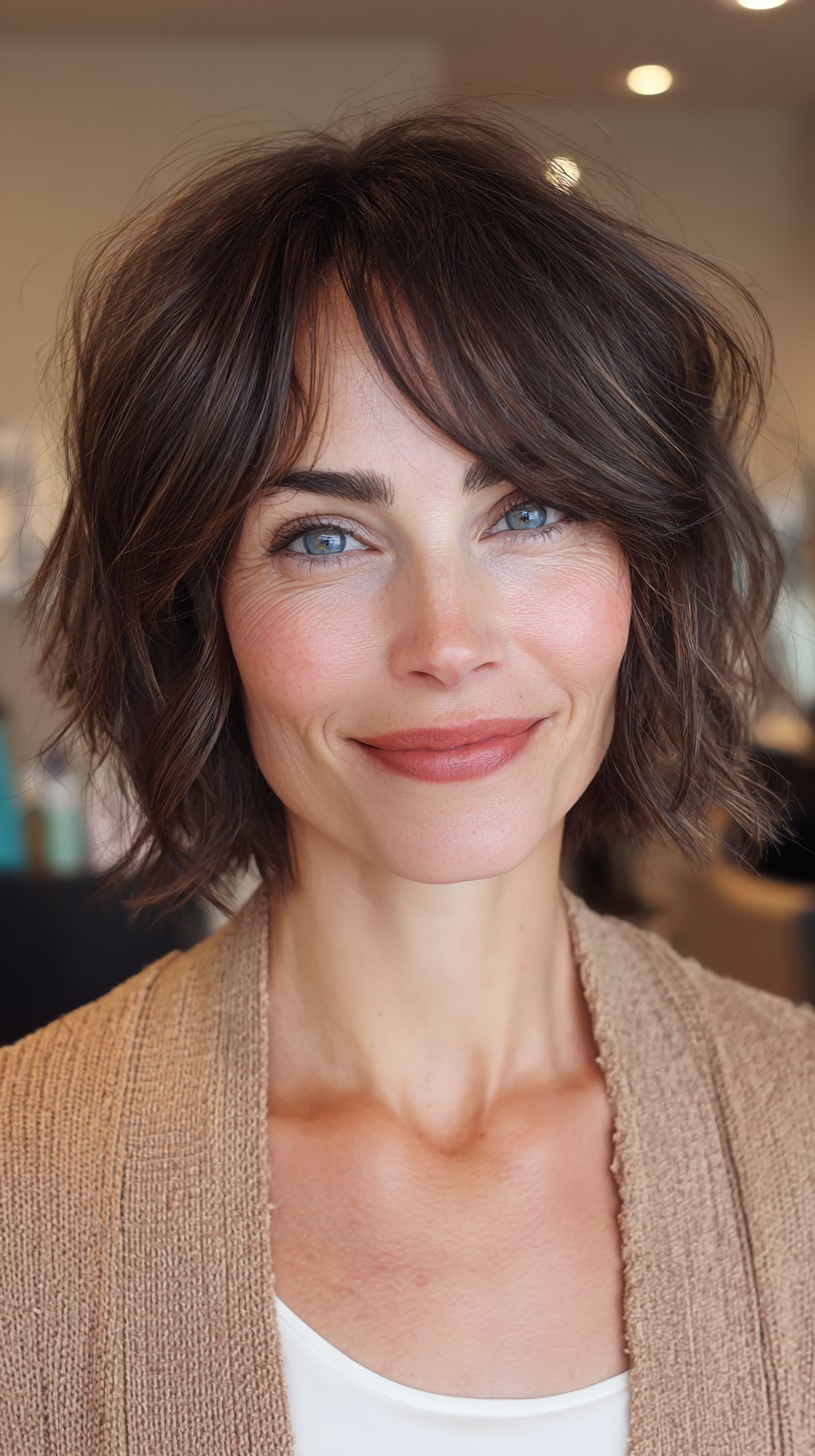 Effortless Wavy Brunette Bob with Soft Bangs