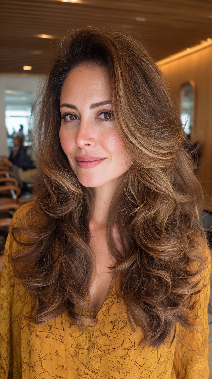 Flowing Brunette Waves with Golden Highlights