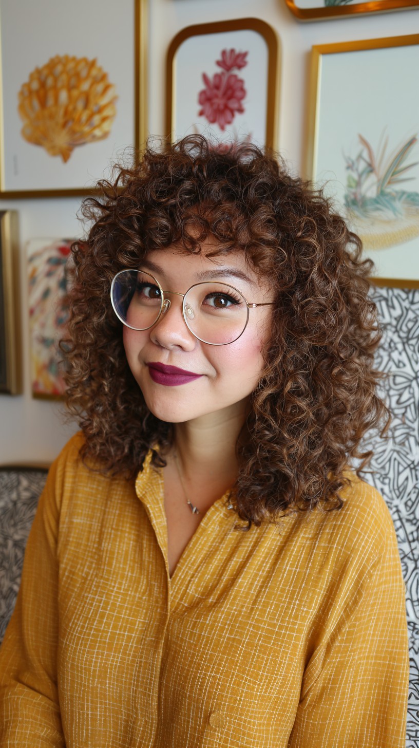Golden-Brown Curly Bob with Rounded Bangs