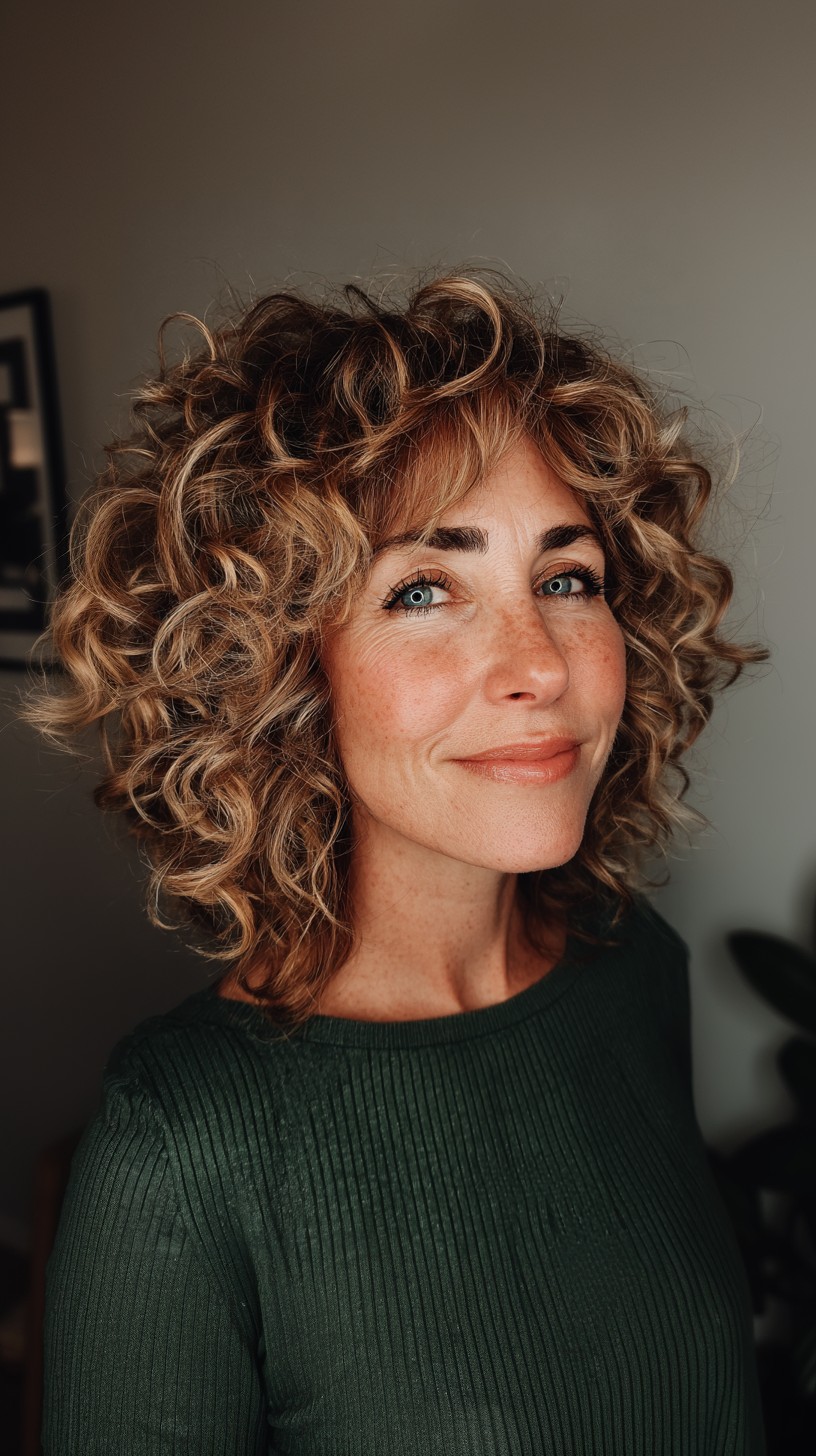 Golden Sun-Kissed Short Curly Bob with Voluminous Layers