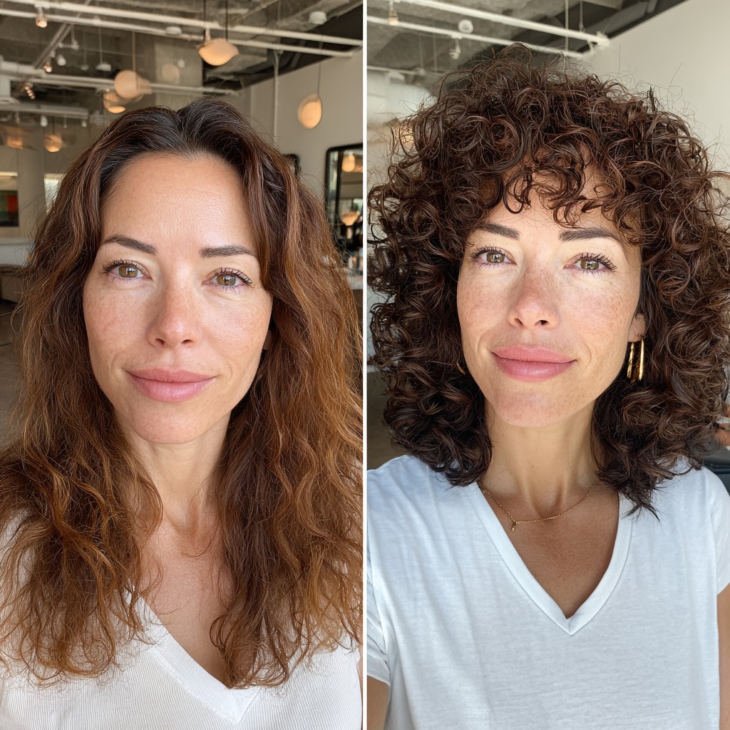 Lively Chestnut Curls with Layered Bangs Transformation