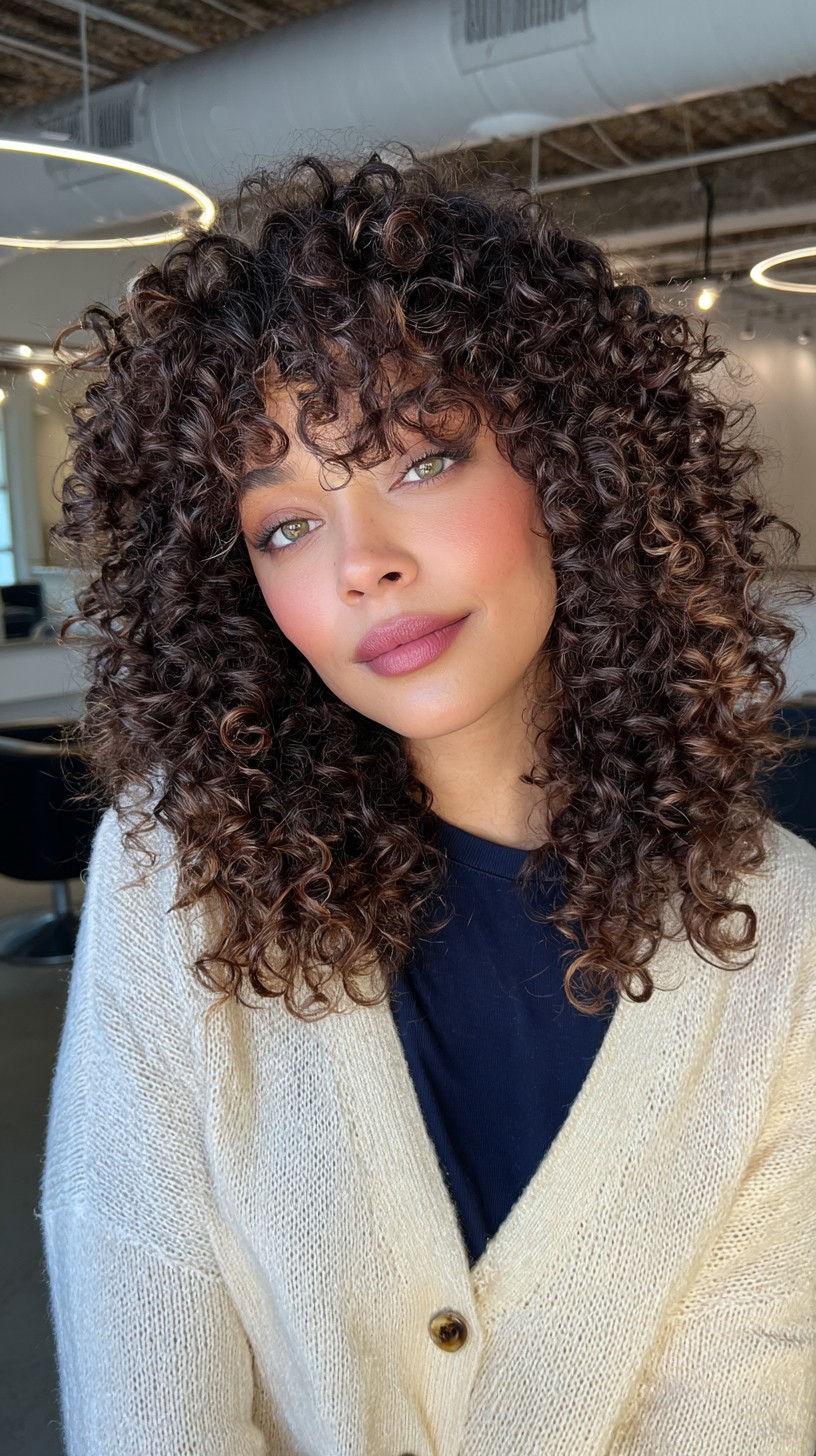 Luxuriant Chestnut Curly Cascade with Wispy Bangs