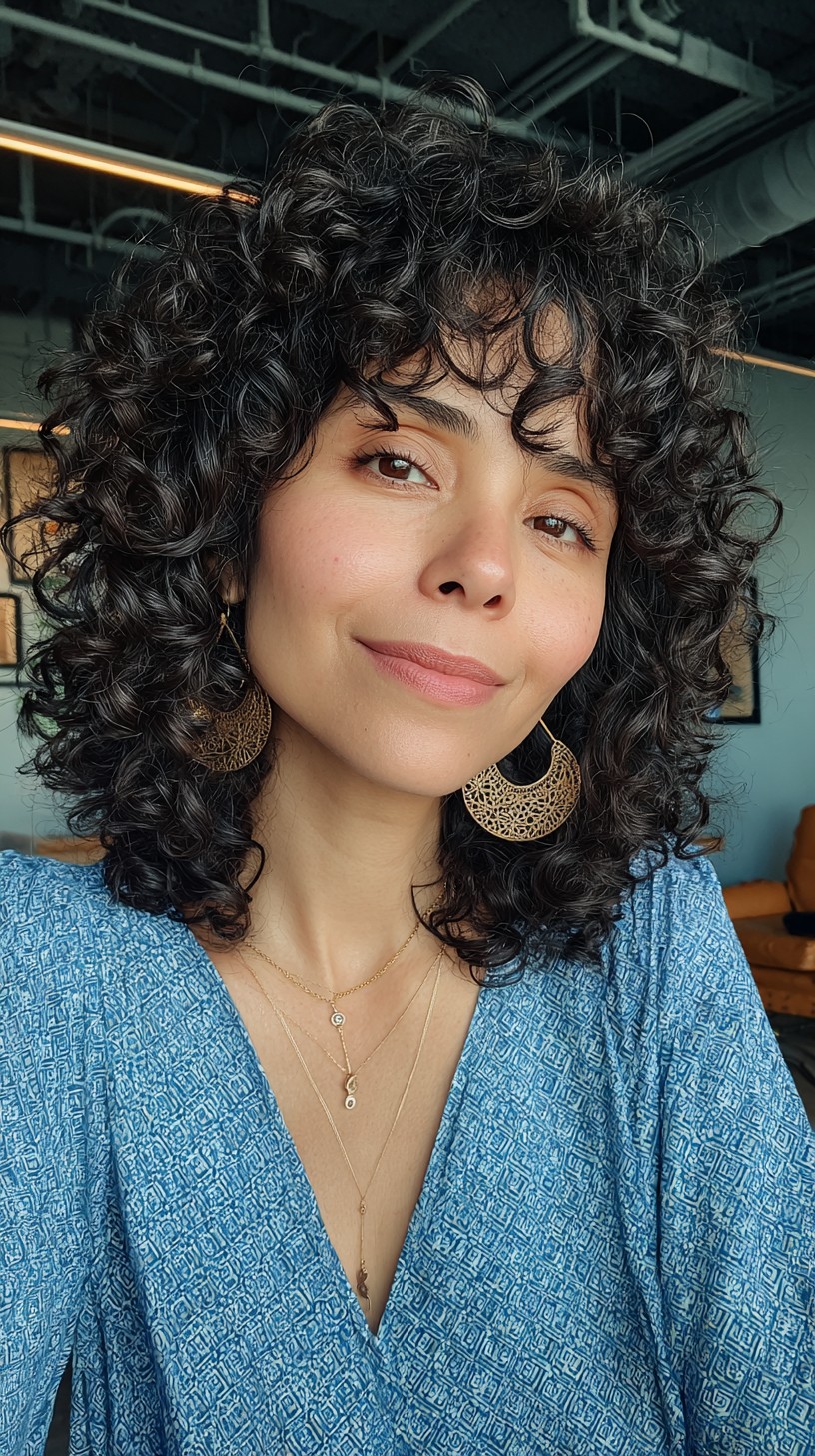 Natural Ebony Curls with Soft Micro Fringe