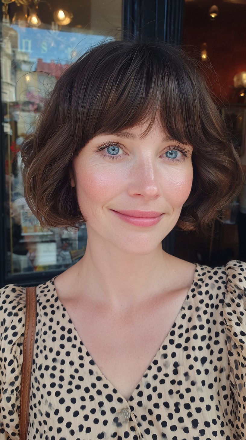 Playful Chestnut Wavy Bob with Bangs