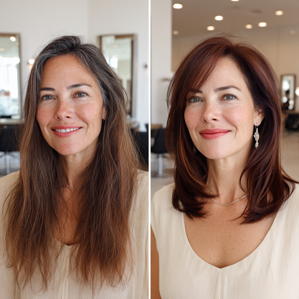 Radiant Medium Length Layered Hair with Rich Mahogany Tones