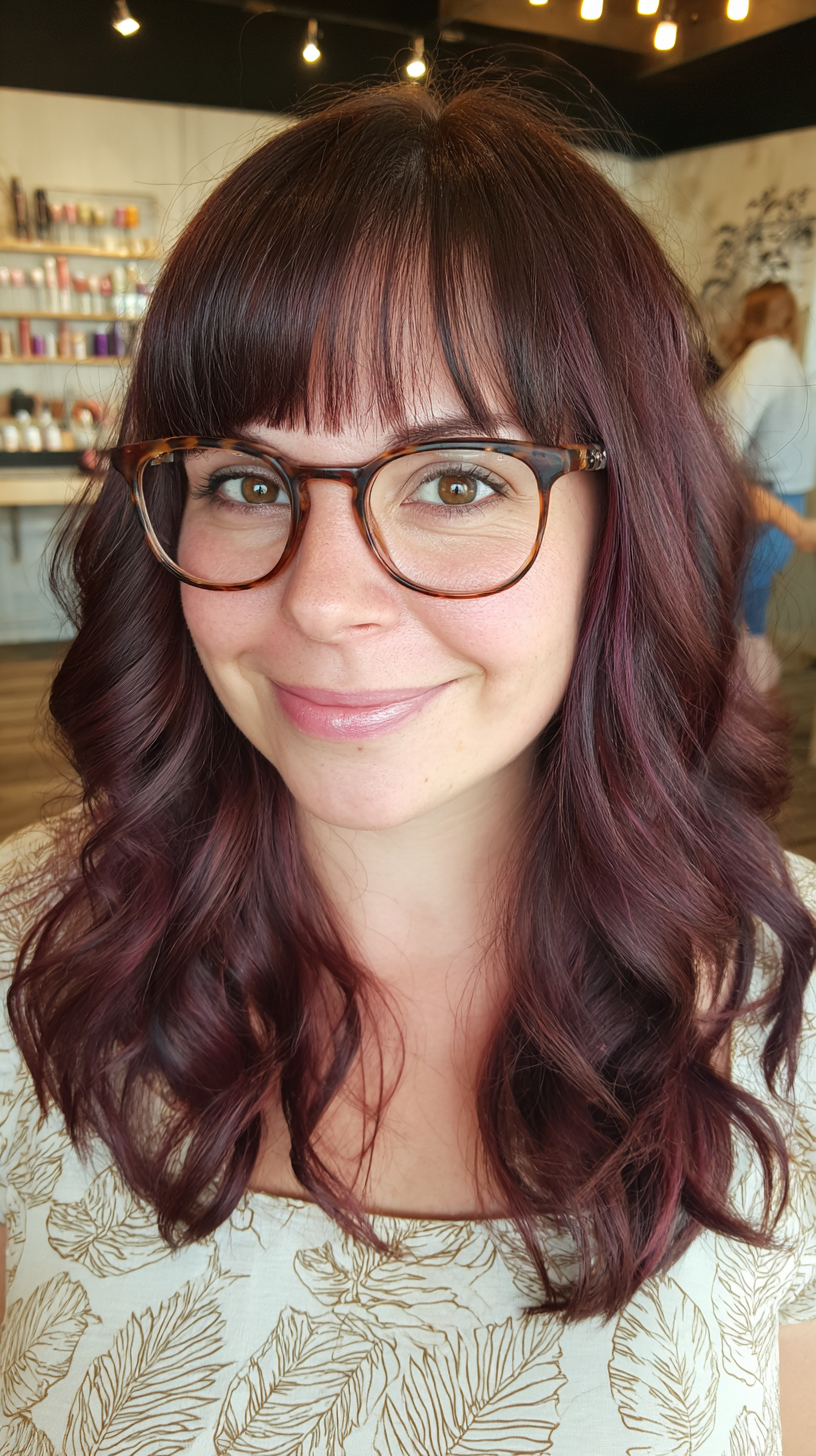 Rich Burgundy Curls with Soft Bangs