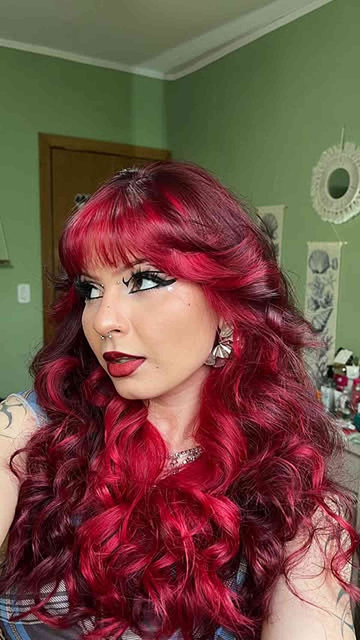 Rich Deep Cherry Red Hair with Soft Curtain Bangs