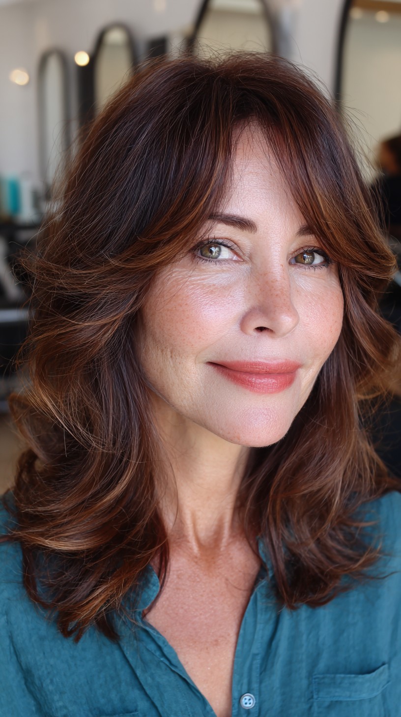 Rich Mahogany Tousled Layers with Soft Fringe