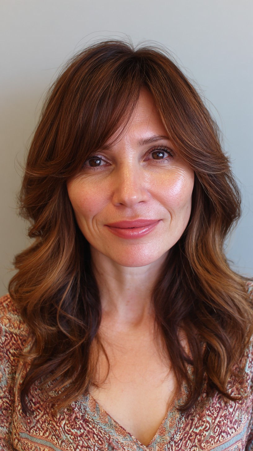 Rustic Auburn Waves with Soft Curtain Bangs