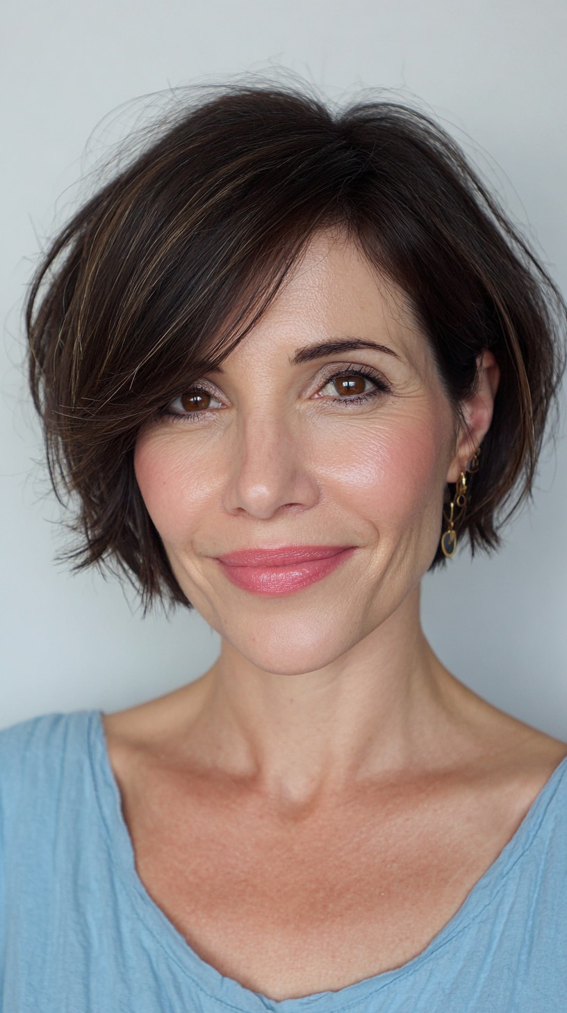 Sleek Chestnut Side-Swept Bob