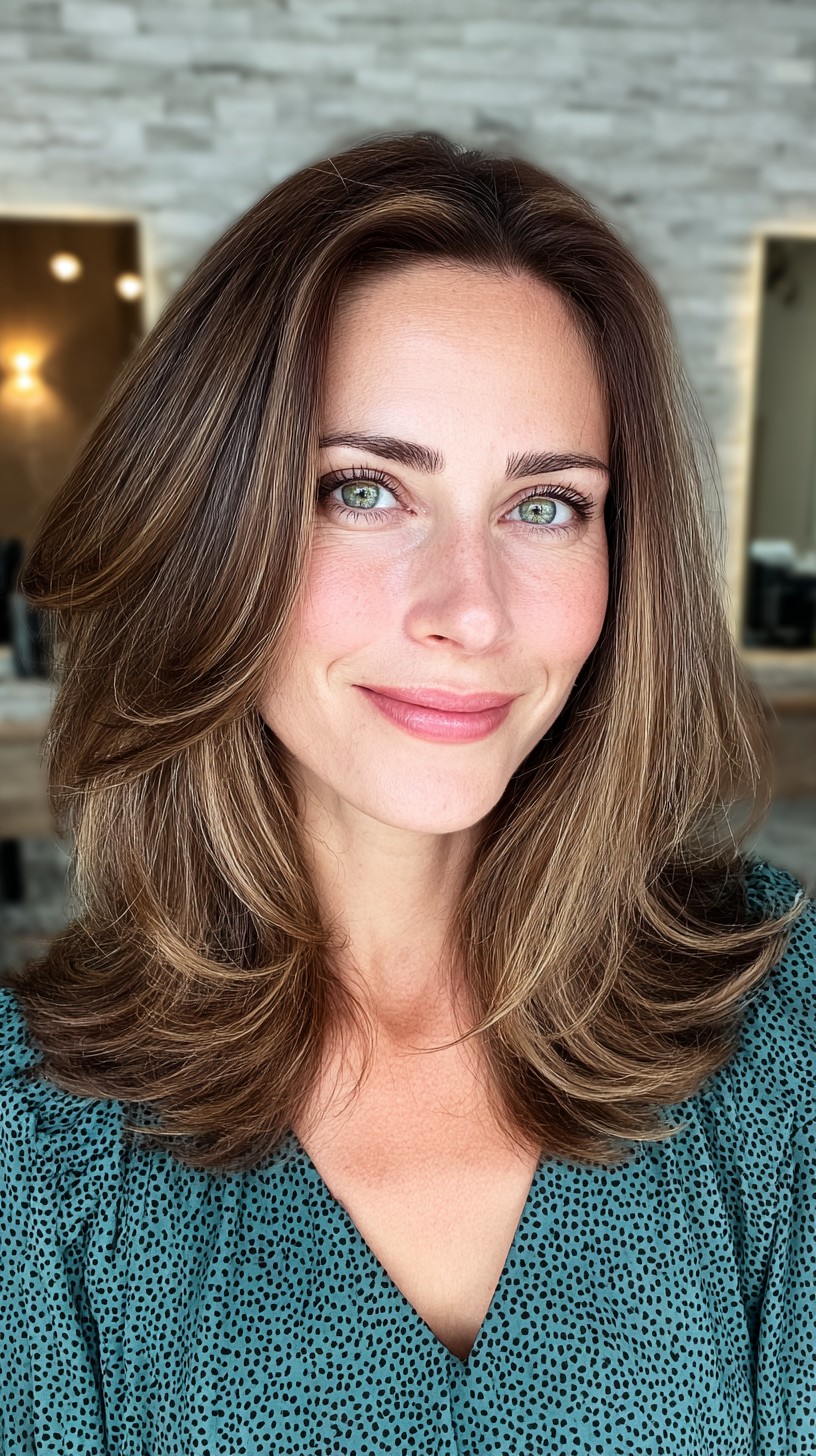 Soft Brunette Layers with Face-Framing Highlights