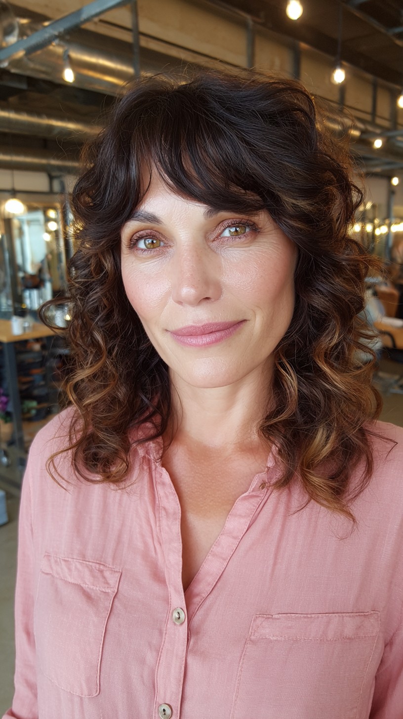 Soft Curls with Delicate Fringe for Oval Faces