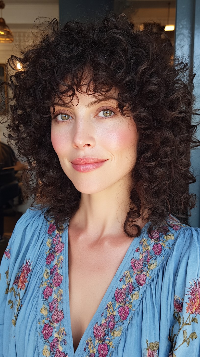 Soft Natural Curls with Full Fringe