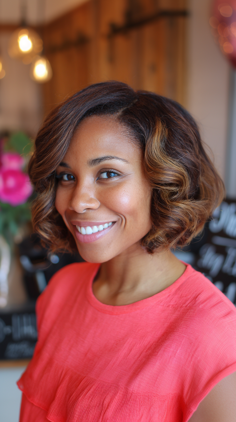 Stylish Curled Bob with Warm Highlights