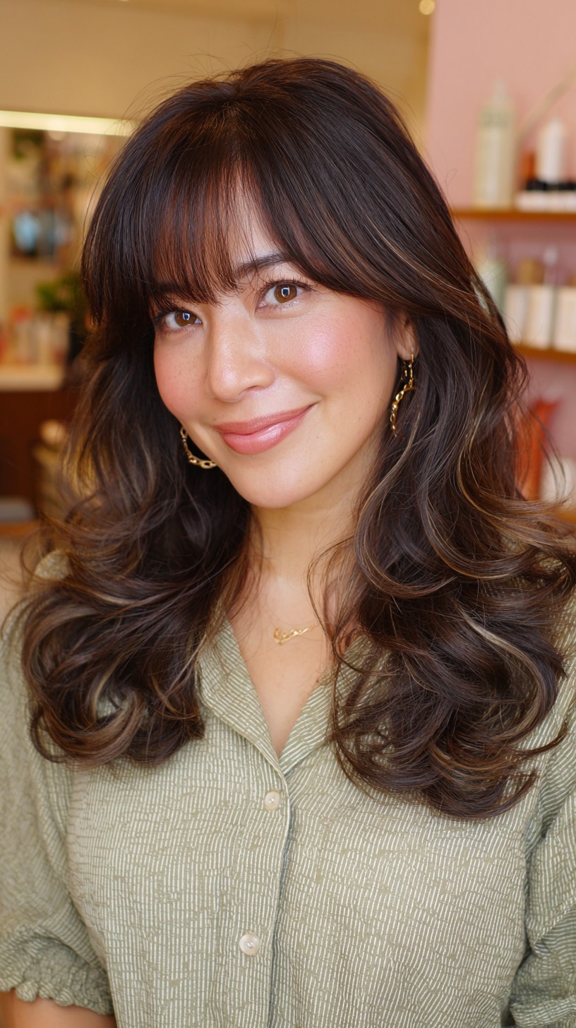 Subtle Chestnut Waves with Textured Bangs